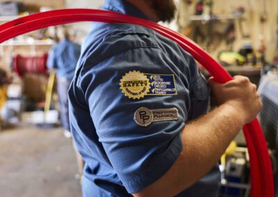 A worker in a blue uniform with patches holds a red hose in a workshop